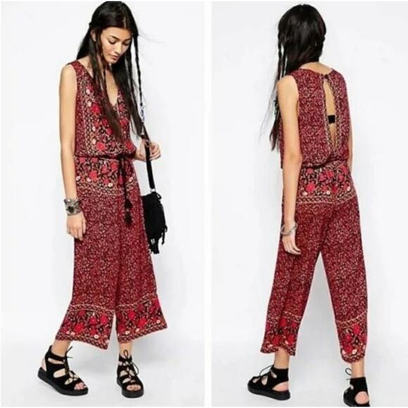 Free People Pants - Free‎ Peopke red and black floral print wide leg boho jumpsuit